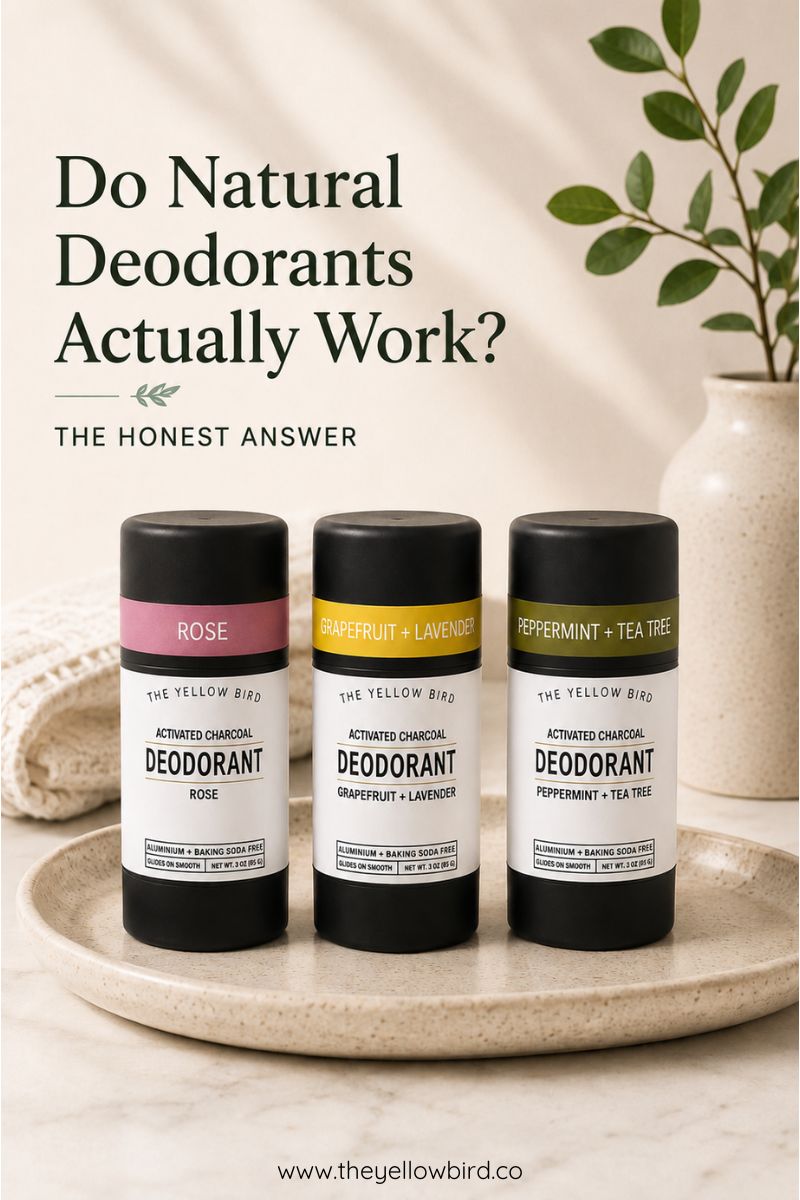 Three Yellow Bird Natural Deodorant sticks in Rose, Grapefruit + Lavender, and Peppermint + Tea Tree scents on a ceramic plate