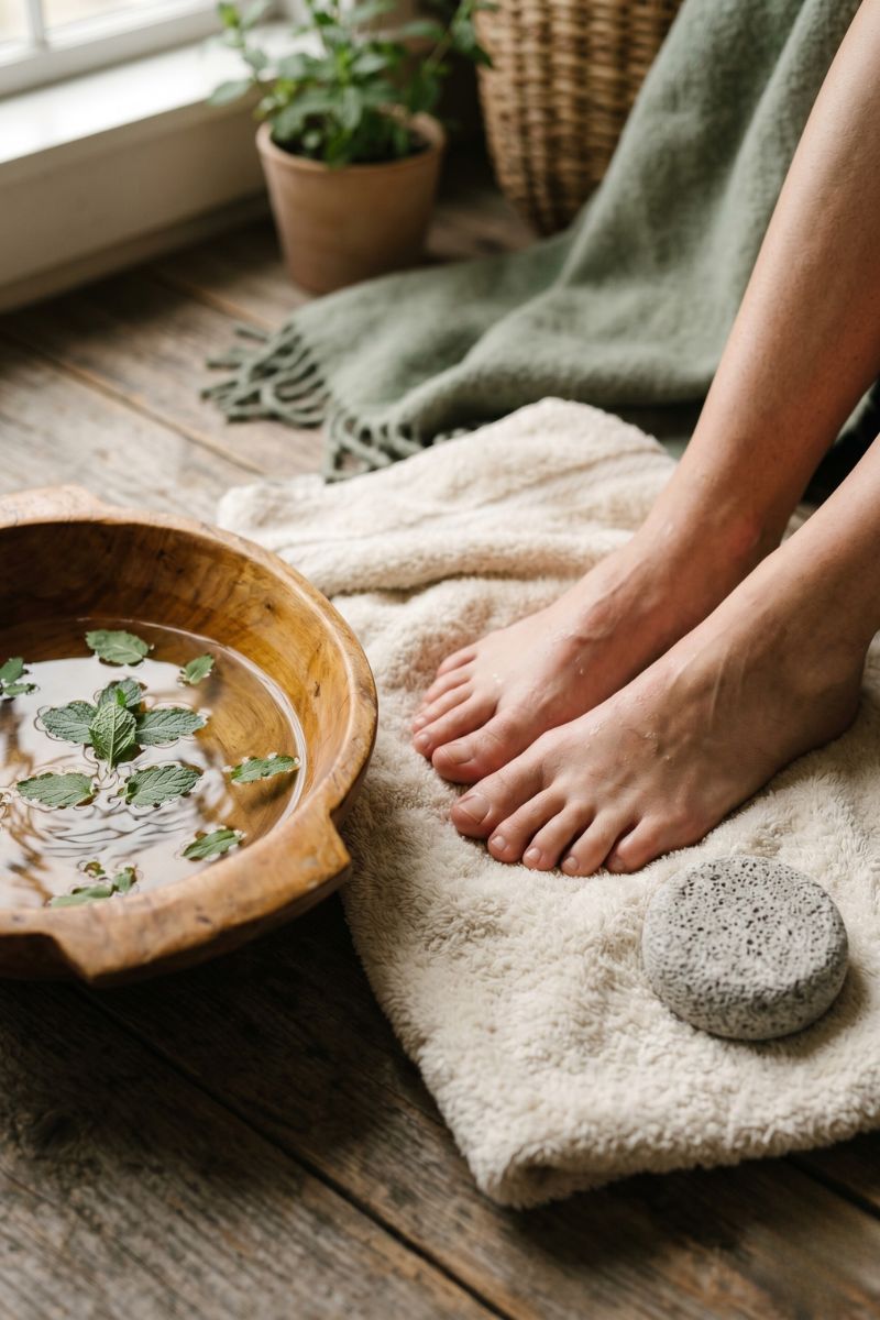 Bare feet resting on a cream towel beside a wooden bowl of water with fresh mint leaves and a pumice stone