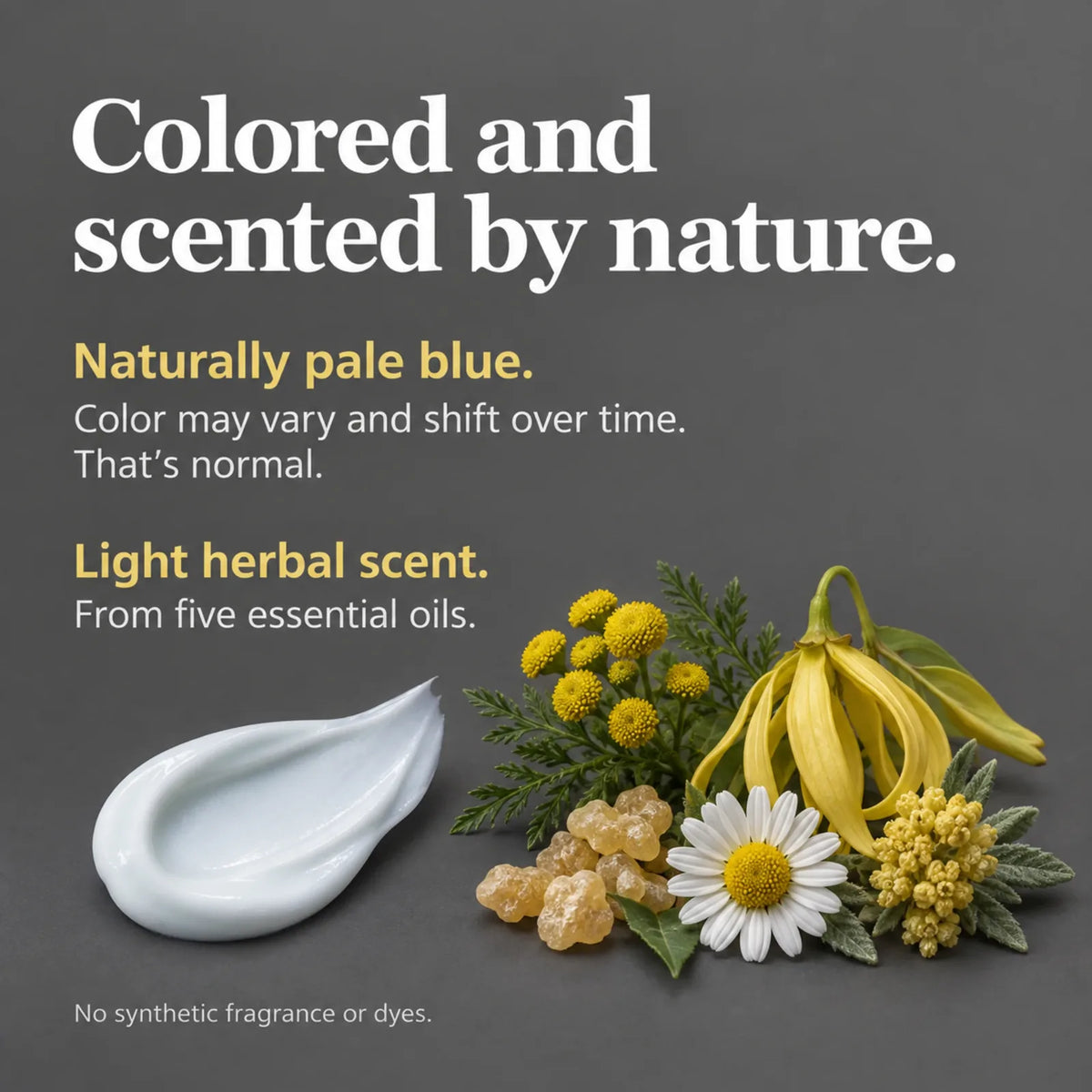 Pale blue swatch of Blue Tansy Face Cream with tansy, chamomile, ylang ylang, helichrysum and frankincense; no synthetic fragrance or dyes