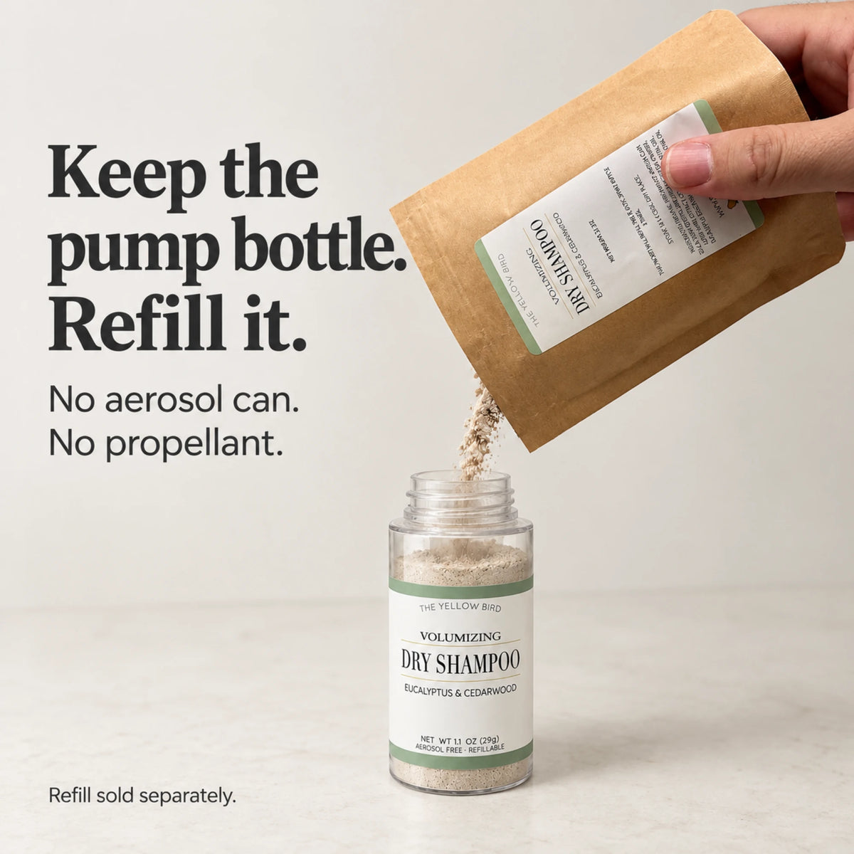 Refilling the Eucalyptus Cedarwood Dry Shampoo pump bottle from a kraft refill bag, aerosol-free and refillable
