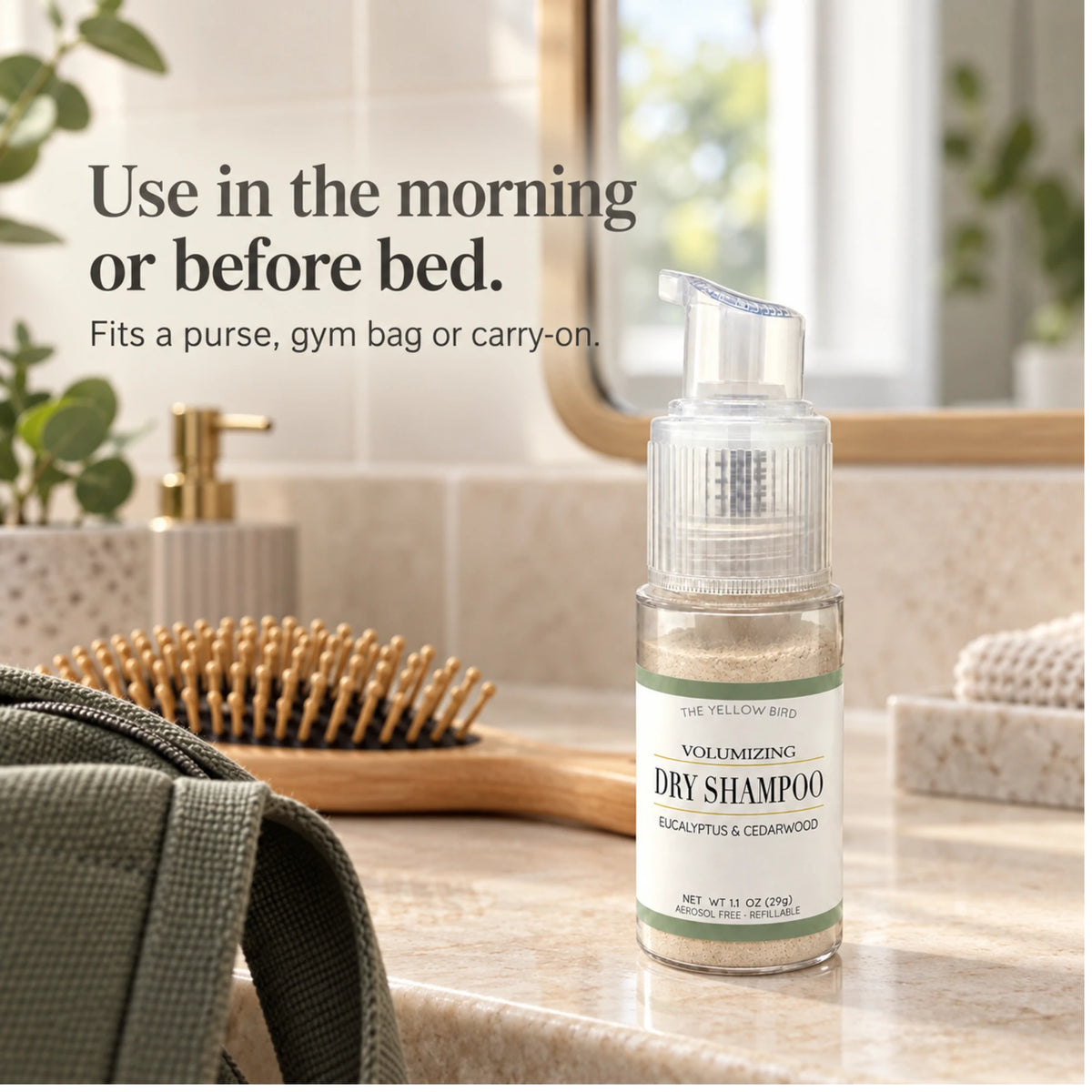 Travel-size Eucalyptus Cedarwood Dry Shampoo on a bathroom counter with a hairbrush, fits a purse, gym bag or carry-on