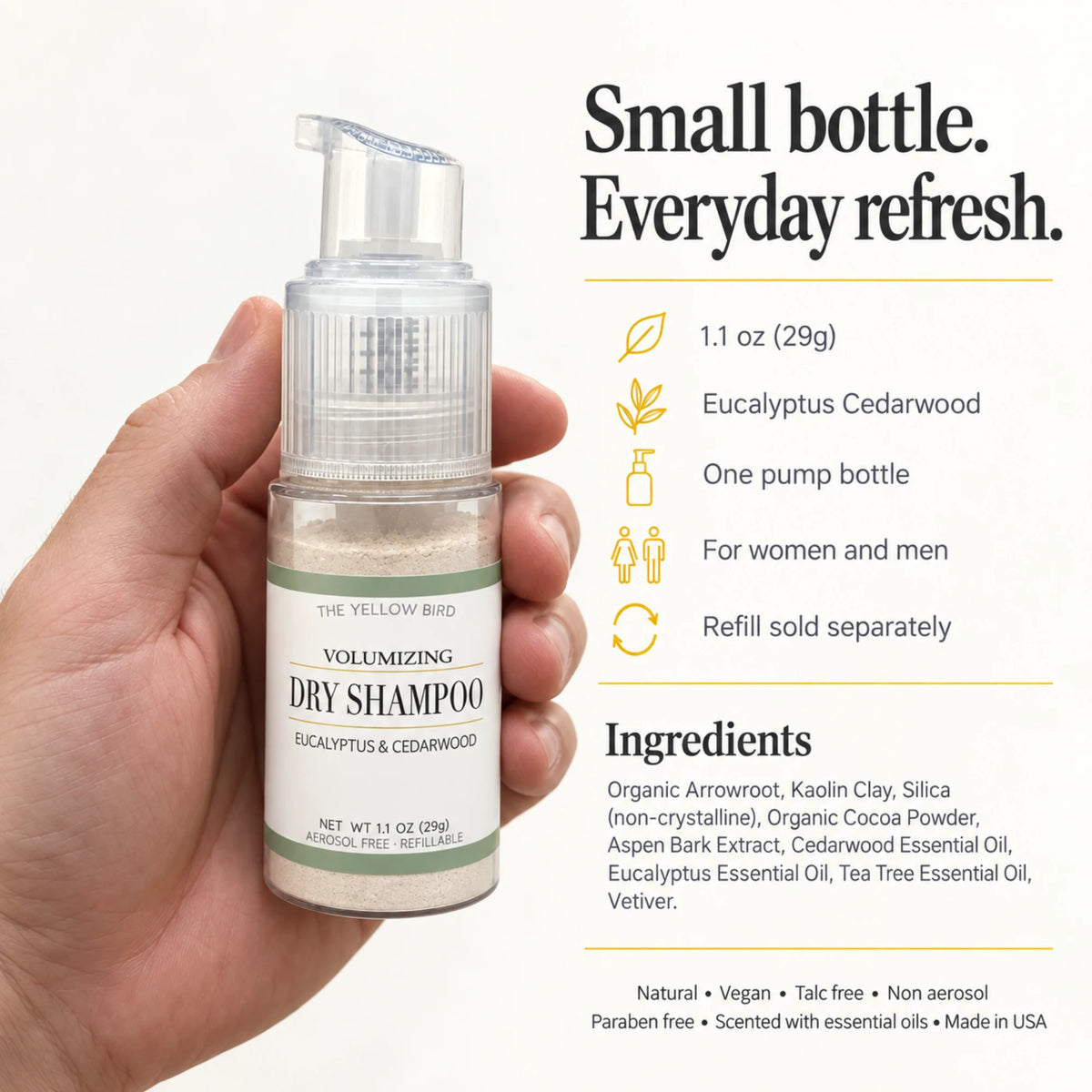 Eucalyptus Cedarwood Dry Shampoo 1.1 oz (29g) pump bottle in hand with full ingredient list by The Yellow Bird