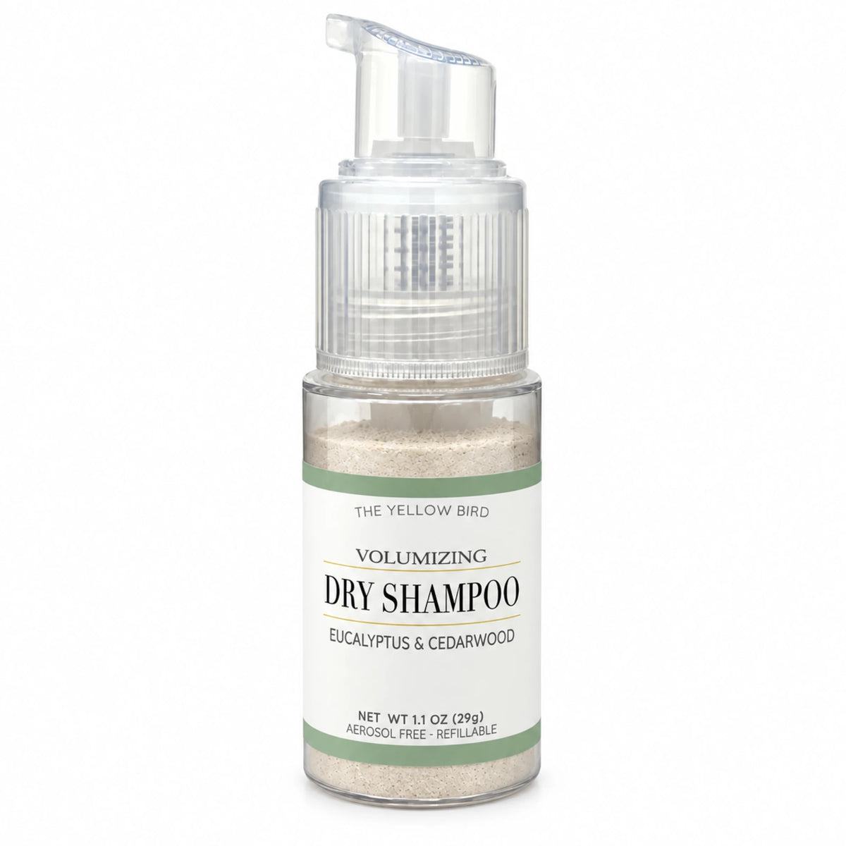 The Yellow Bird Volumizing Dry Shampoo, Eucalyptus &amp; Cedarwood, 1.1 oz aerosol-free refillable powder pump bottle