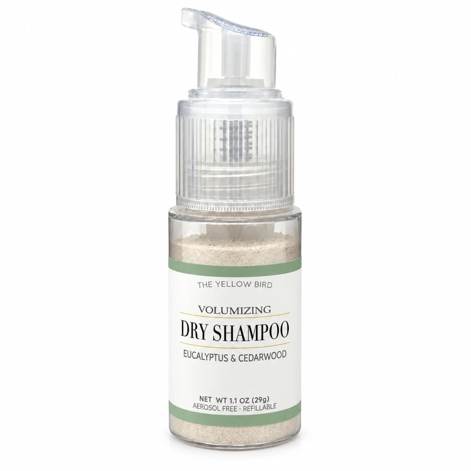 The Yellow Bird Volumizing Dry Shampoo, Eucalyptus & Cedarwood, 1.1 oz aerosol-free refillable powder pump bottle