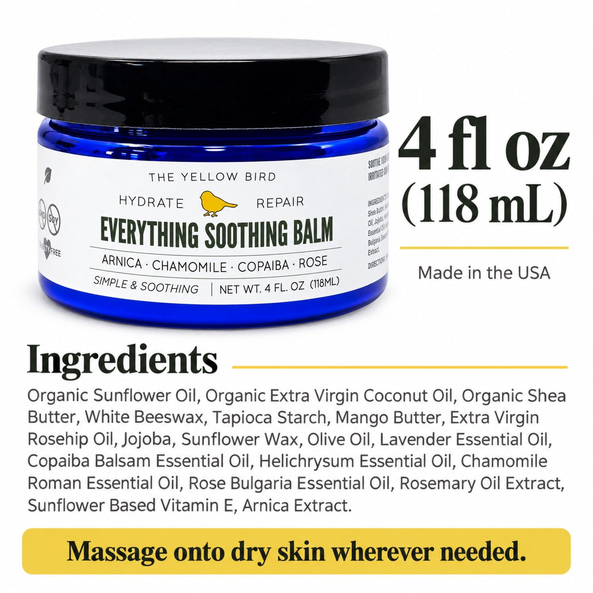 Everything Soothing Balm 4 fl oz (118 mL) full ingredient list, made in the USA