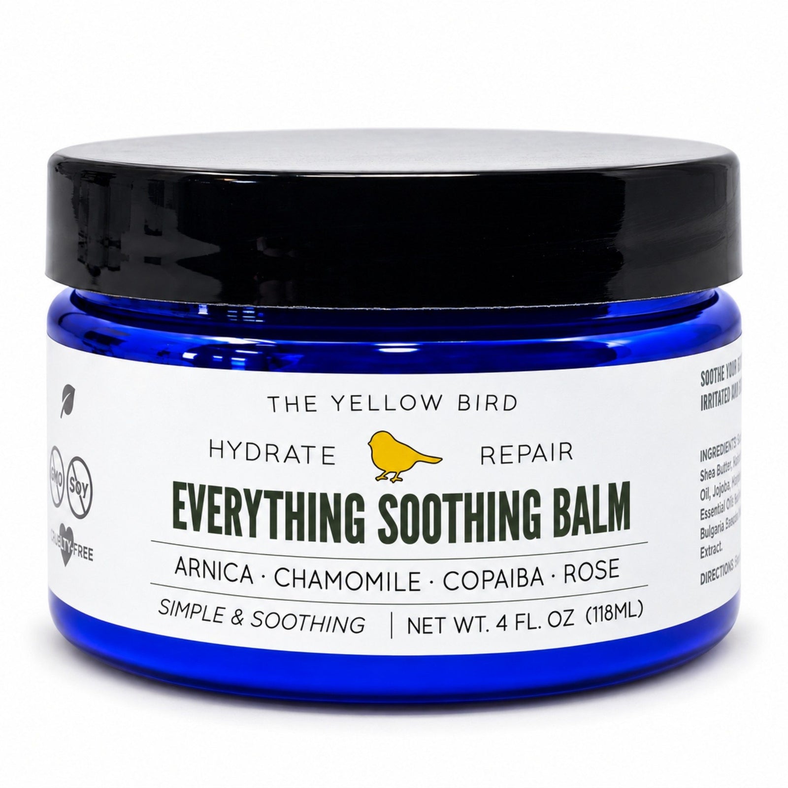 Everything Soothing Balm 4 oz cobalt blue jar with arnica, chamomile, copaiba and rose by The Yellow Bird