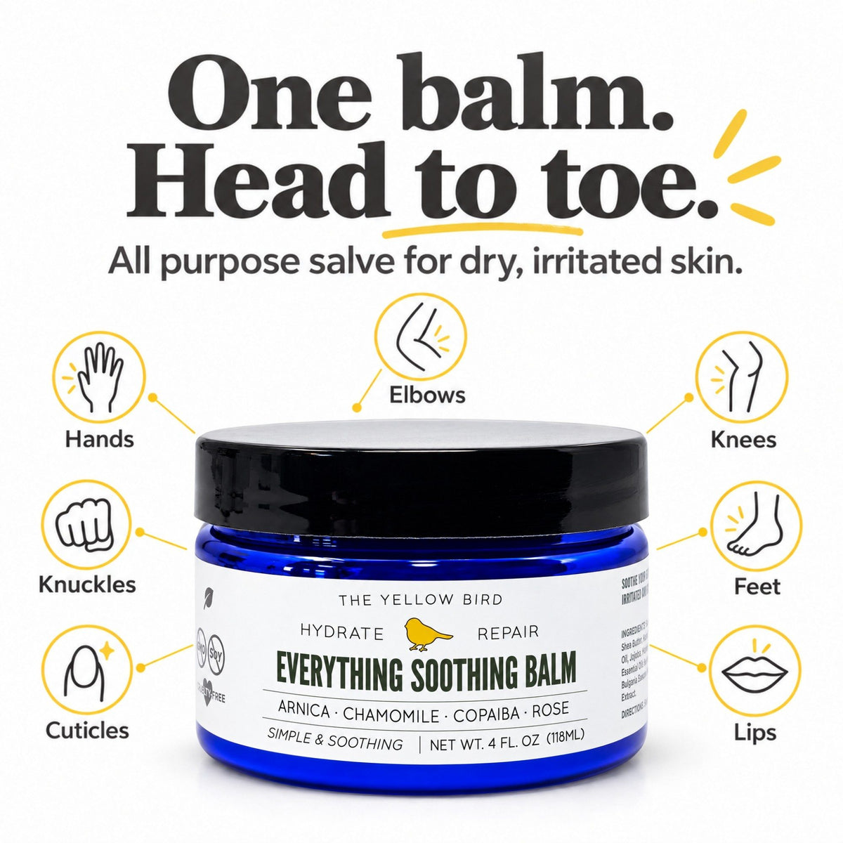 All-purpose salve for dry, irritated skin on hands, knuckles, cuticles, elbows, knees, feet and lips