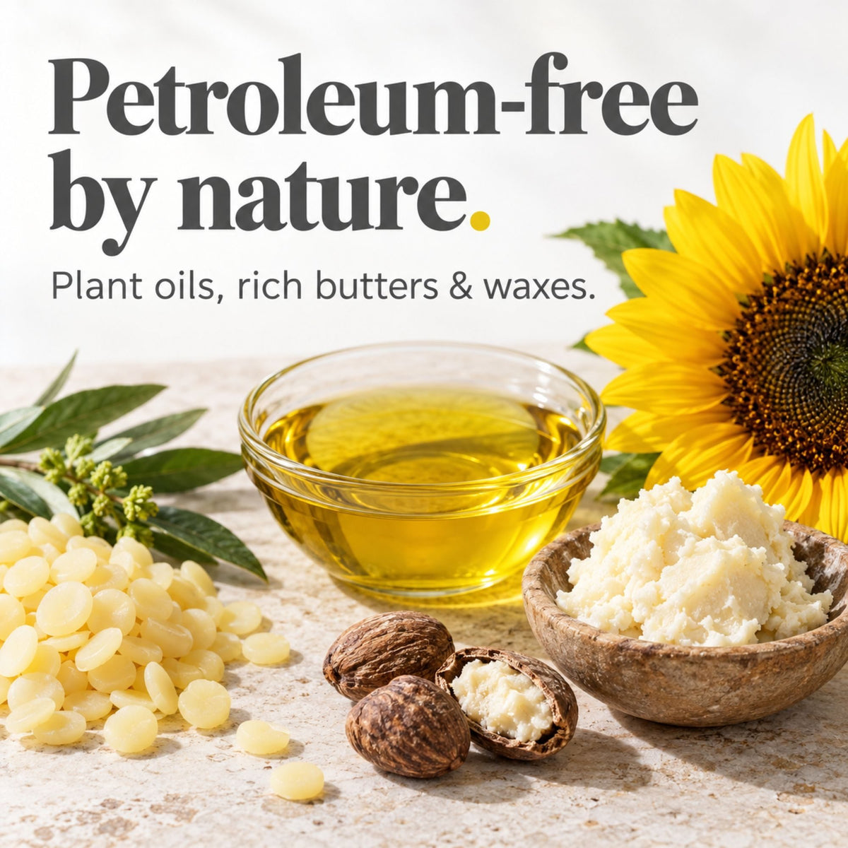 Petroleum-free balm made with sunflower oil, shea butter and plant waxes