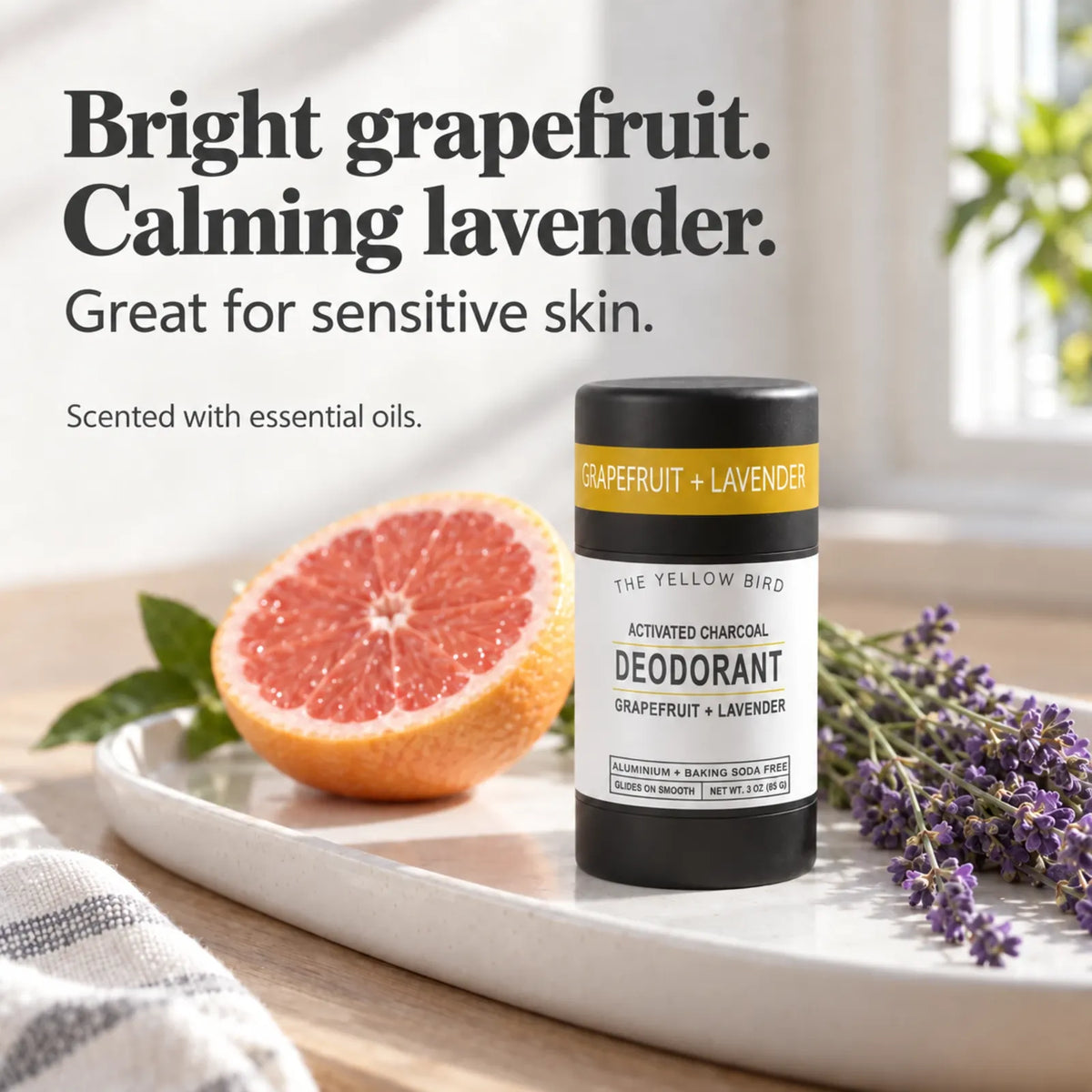 Grapefruit lavender deodorant with fresh grapefruit and lavender sprigs, scented with essential oils for sensitive skin