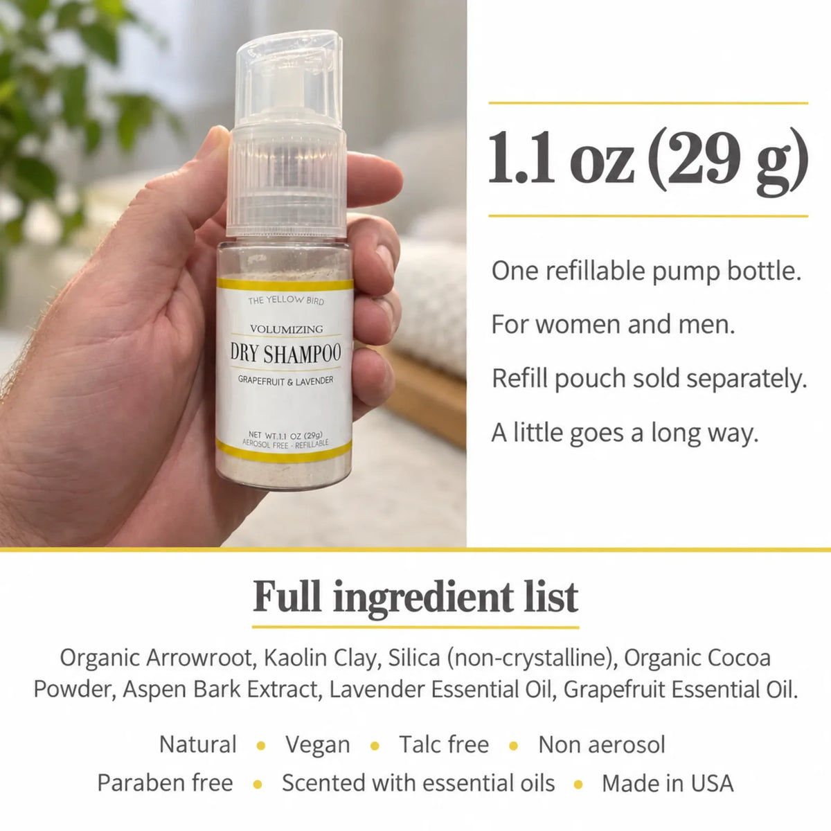 Hand holding the 1.1 oz (29 g) Grapefruit Lavender dry shampoo pump bottle with full ingredient list