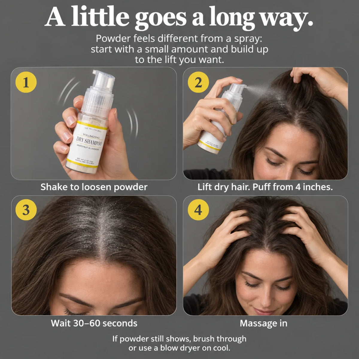 How to use powder dry shampoo in four steps: shake, puff onto roots from 4 inches, wait 30 to 60 seconds, massage in
