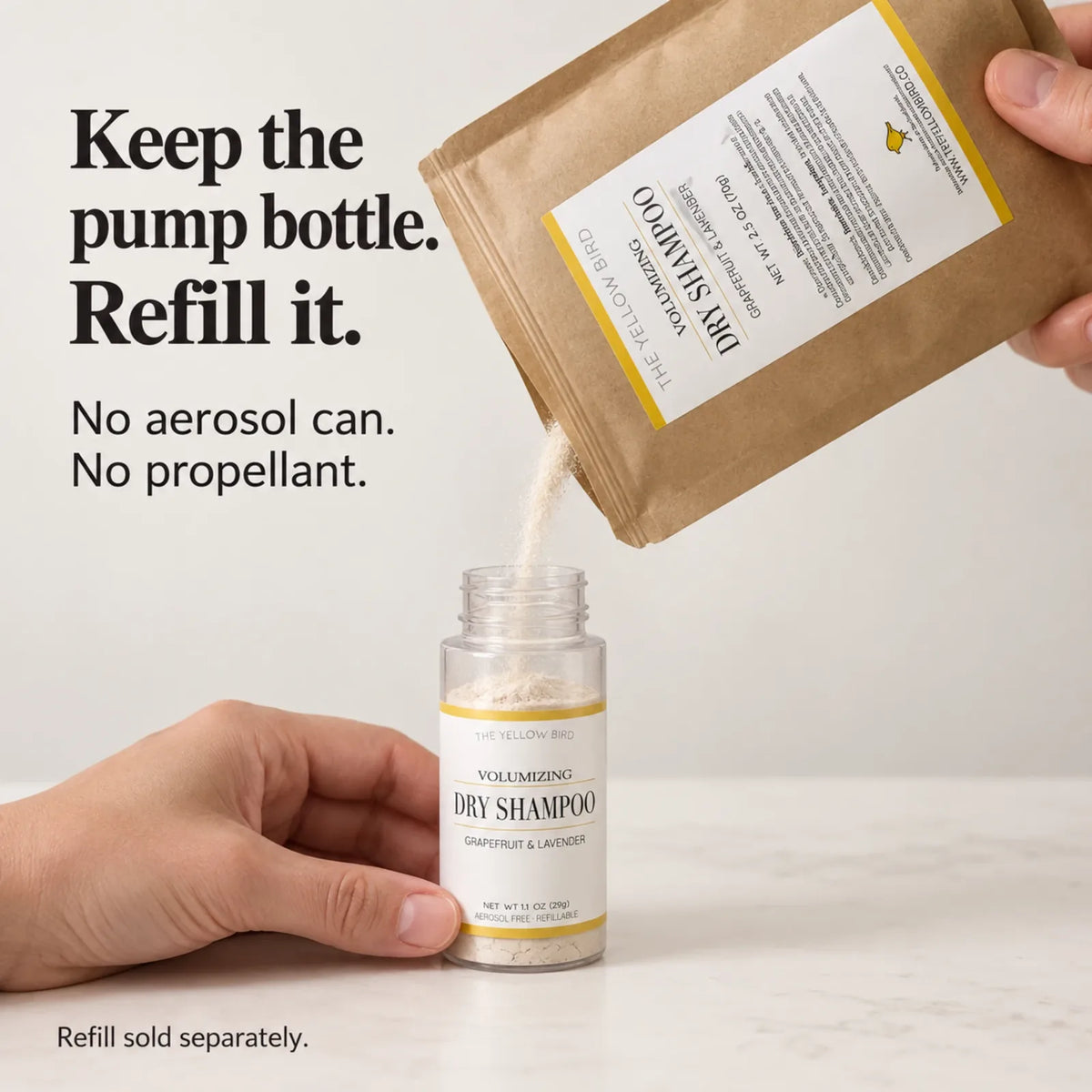 Refilling the Grapefruit Lavender dry shampoo pump bottle from a kraft refill pouch, no aerosol can or propellant