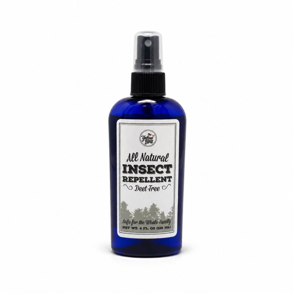 The Yellow Bird All Natural DEET Free Insect Repellent 4 oz spray bottle on white background