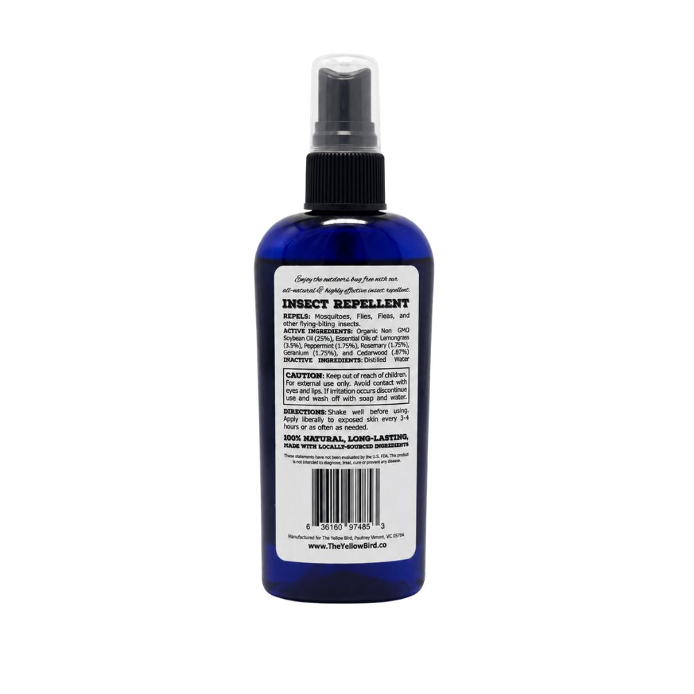 Back label of The Yellow Bird DEET Free Insect Repellent showing natural ingredients including lemongrass peppermint and cedarwood essential oils