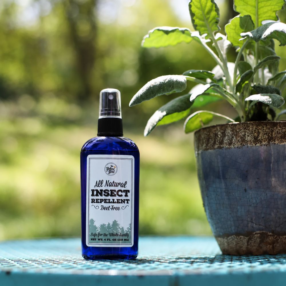 The Yellow Bird DEET free natural bug spray bottle on outdoor table beside potted plant in garden