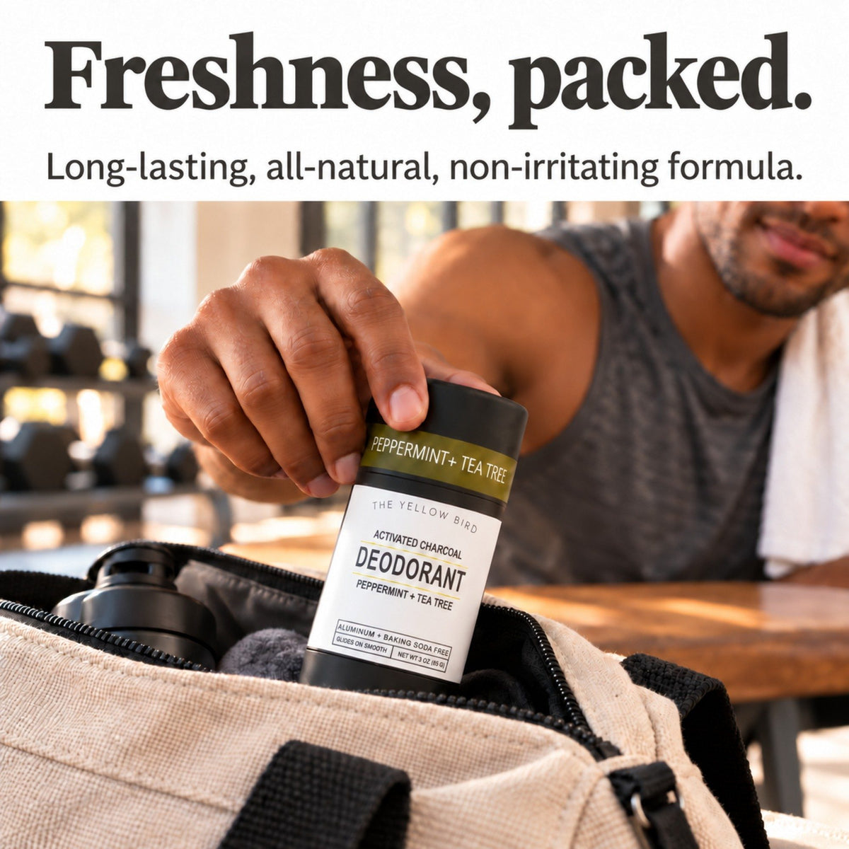 Long-lasting natural Peppermint Tea Tree deodorant packed in a gym bag