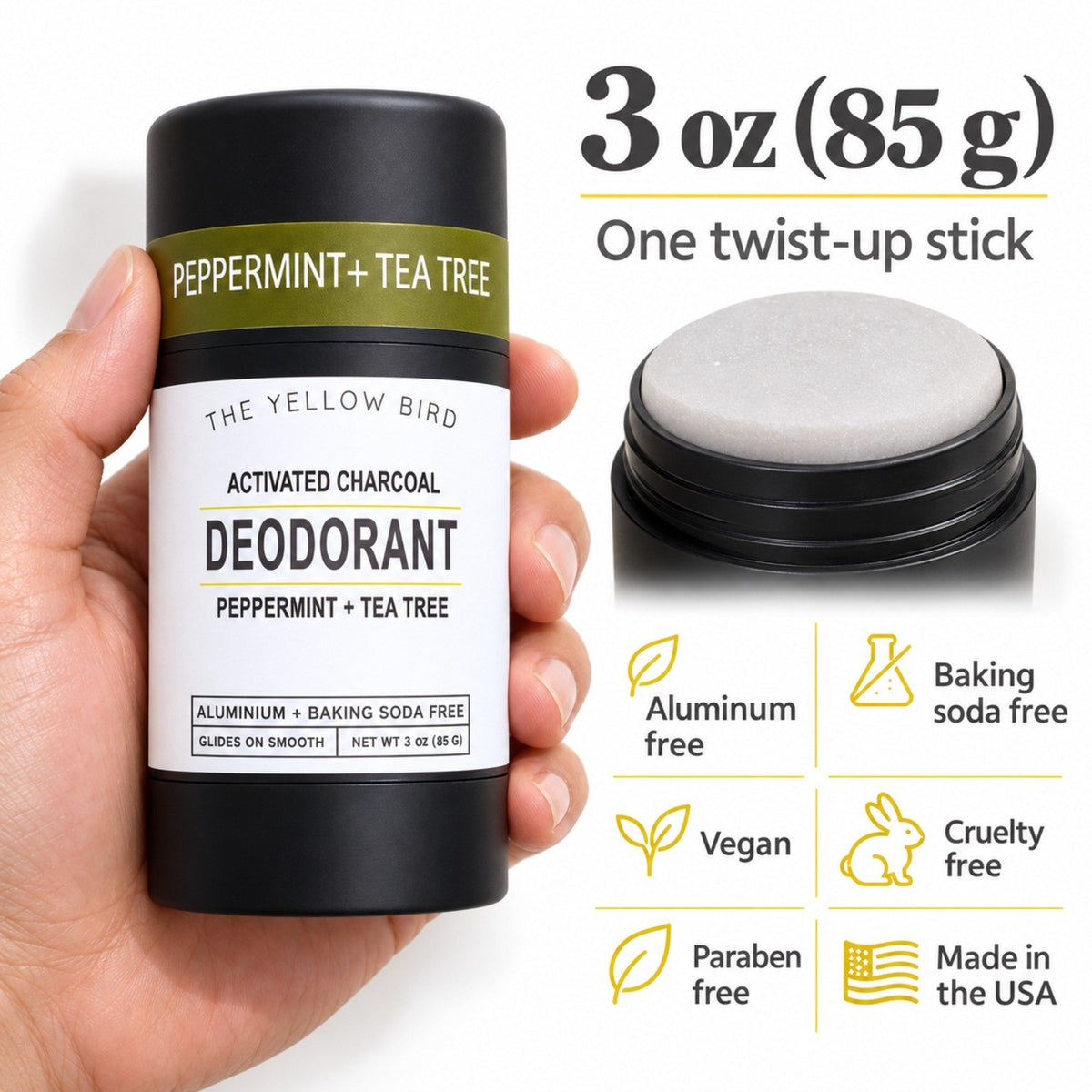 3 oz twist-up Peppermint Tea Tree deodorant stick – aluminum free, baking soda free, vegan, cruelty free, paraben free, made in the USA
