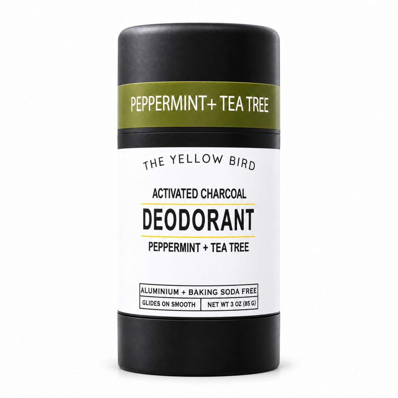 The Yellow Bird Peppermint + Tea Tree Activated Charcoal Deodorant 3 oz on white background