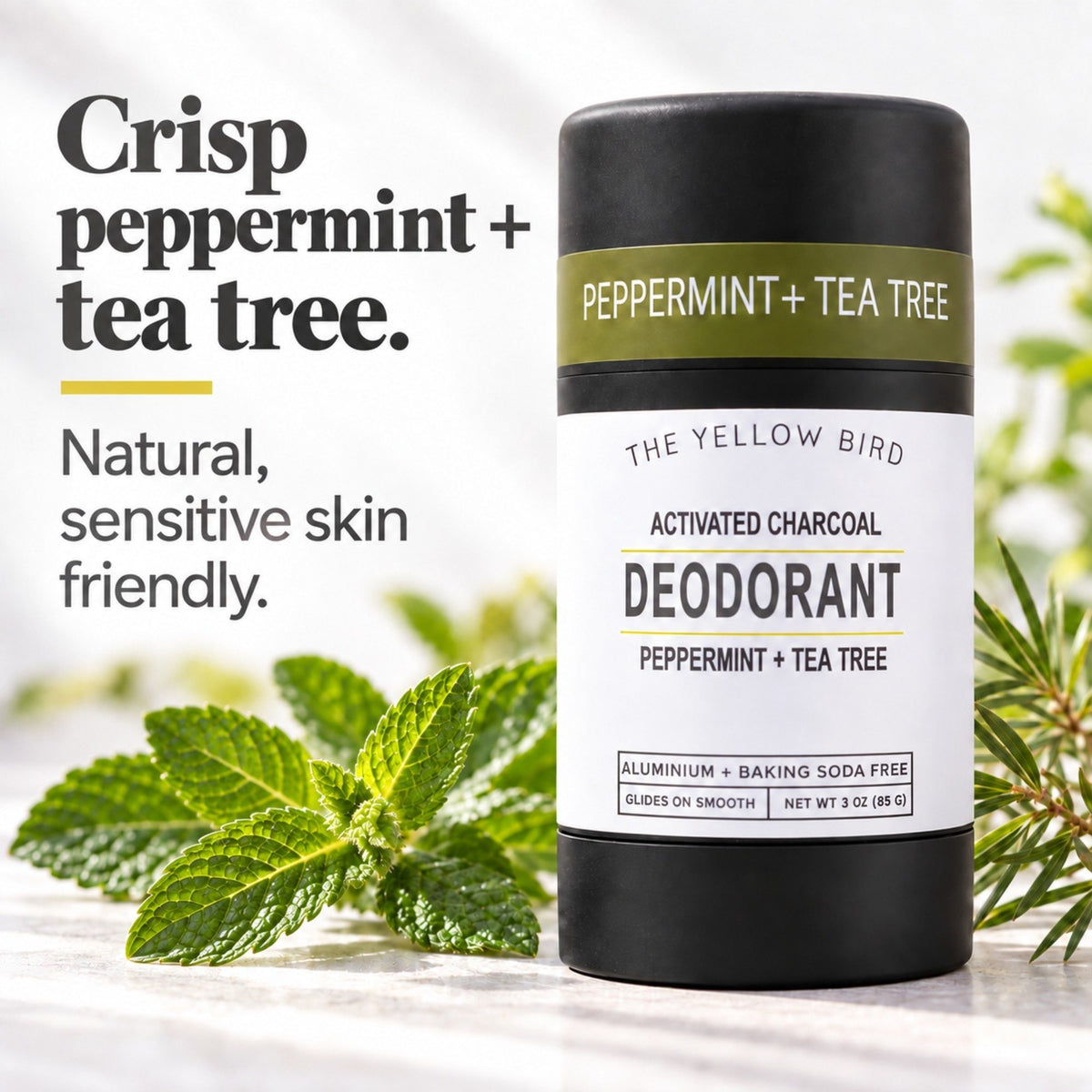 The Yellow Bird Peppermint + Tea Tree activated charcoal natural deodorant with fresh mint leaves – sensitive skin friendly