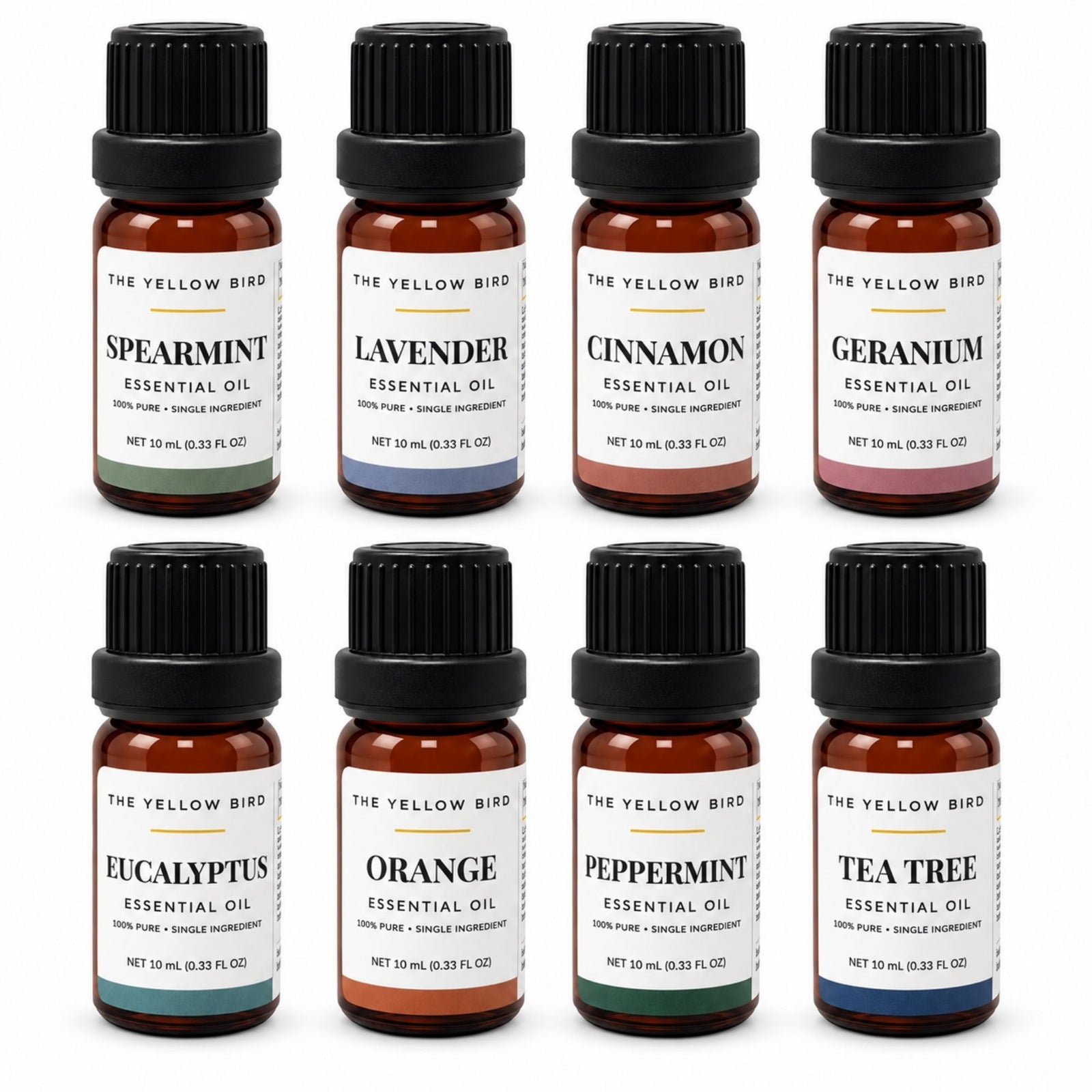 The Yellow Bird essential oils collection: Spearmint, Lavender, Cinnamon, Geranium, Eucalyptus, Orange, Peppermint and Tea Tree in 10 mL amber bottles